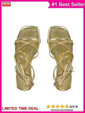 Womens Lace Up Strappy Flat Sandals Metallic Square Open Toe Ankle Strap Slip On